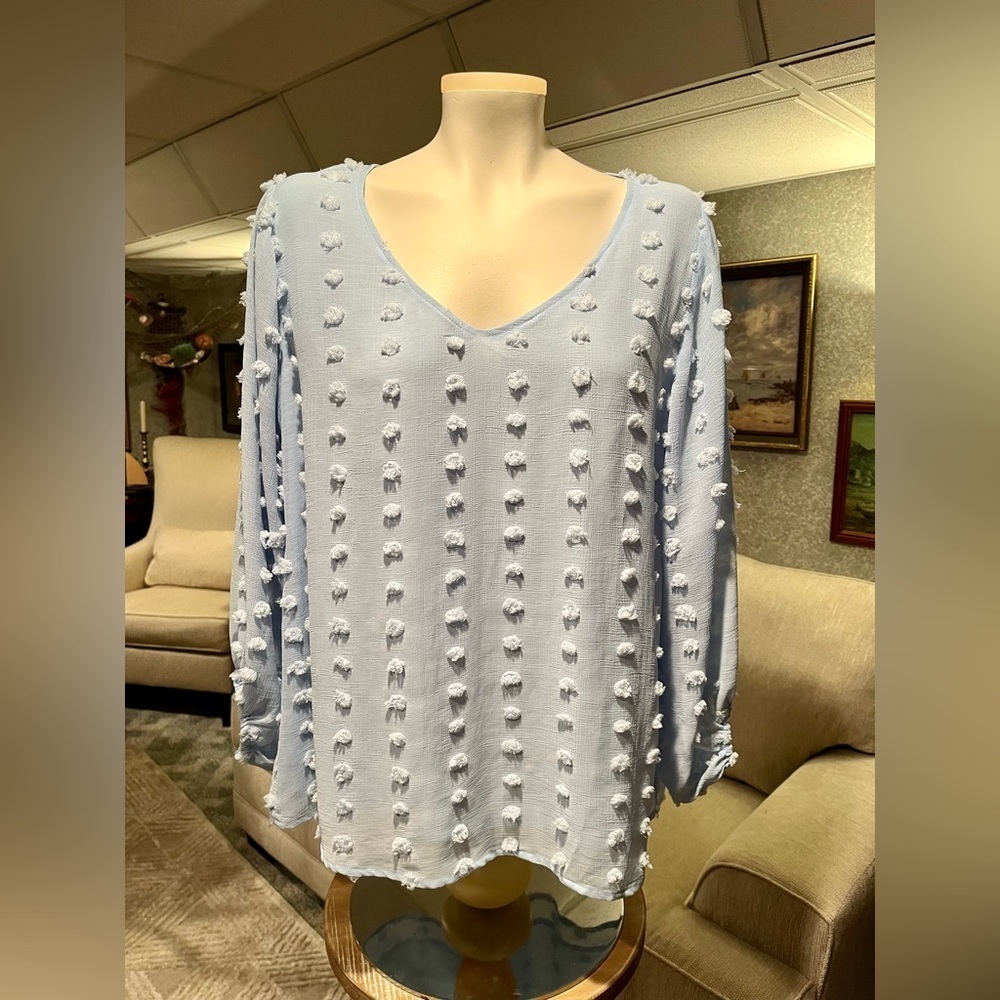 KORI AMERICA Women's S Light Blue Distressed Pom Pom Fringe LS‎ Tunic Blouse